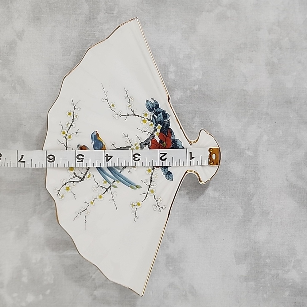 Vintage Ceramic Fan Dish with Birds & Cherry Blossoms from Japan - Picture 7 of 7